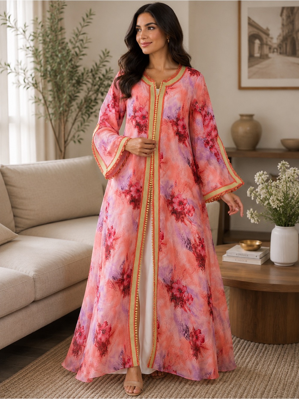 Morocco galabiya  kaftan chiffon Elegant Floral Long  maxi dress one piece